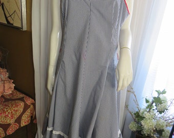 1970s'/1980s' Blue/White Sleeveless CHECKERED DRESS By Julie Miller of Calif---Size 14