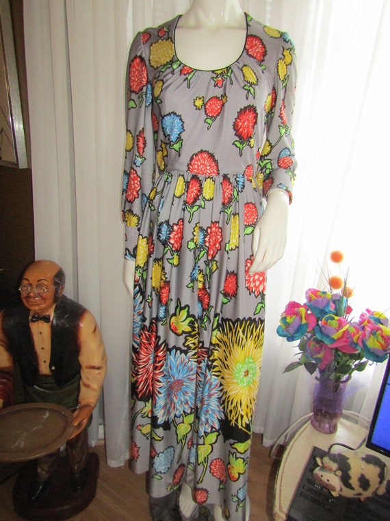 1970's Ladies Long Sleeve Floor Length FLORAL DRES