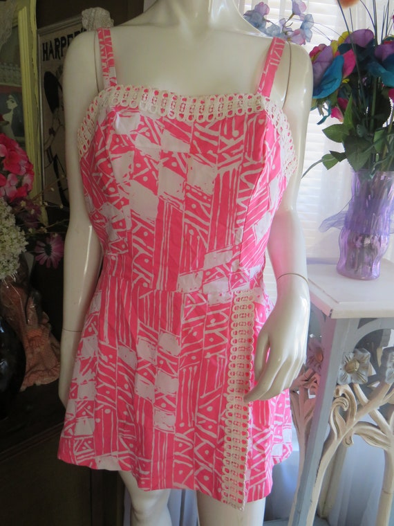 1960s' PINK/WHITE Romper Style SWIMSUIT By Gabar/… - image 1