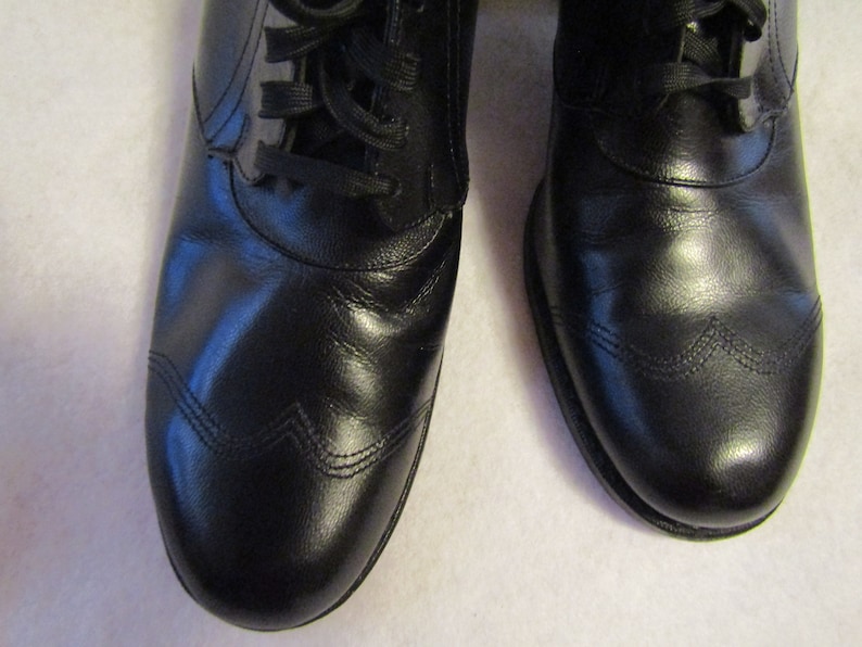 1940/'s Ladies BLACK Leather Chunk Heel Tie Up OXFORD-SHOES by Drew With Good Year Heel