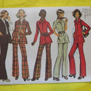 May include: Vintage Simplicity sewing pattern featuring five illustrations of women in 1970s-style outfits. The outfits include flared pantsuits in various colors and patterns, including a plaid design. The pattern number is 5247.