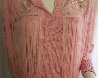 1980's PINK FRINGE/Silver Studs/White Pearls/Glass-like Stones Knit SWEATER by Nannell--Size S
