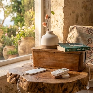 May include: A wooden side table with a live edge, holding a white vase with a brown base and a sprig of flowers. A wooden box, a book titled "The Maid", a white phone, and a remote are also on the table. The table is near a window.