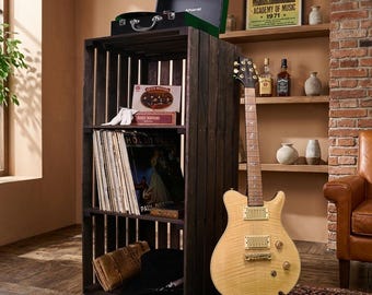 3-Tier Vinyl Record Player Stand, Solid Wood Turntable Stand with Storage, Vintage Dark Shelf