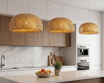 Lámpara colgante de bambú estilo bohemio para comedor, lámpara de techo tipo araña, pantalla de mimbre, farol colgante, isla de cocina, estilo rústico.