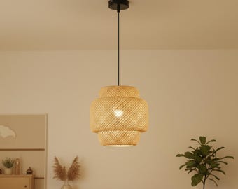 Bamboo Pendant Light Fixture Bohemian Home Decor Ceiling Lamp Shade Wicker Hanging Lantern Style Lighting Natural Rattan Woven Design Dining