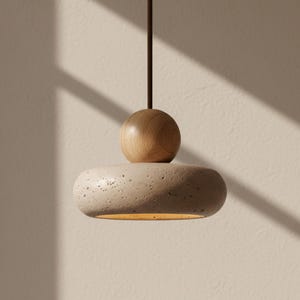 Handcrafted Travertine Lighting Fixture Natural Yellow Stone Pendant Lamp Modern Minimalist Ceiling Design Hanging Chandelier Bedroom Illumination Warm Glow Contemporary Stone Light Suspended Overhead Fixture Ambient Dining Space Elegant