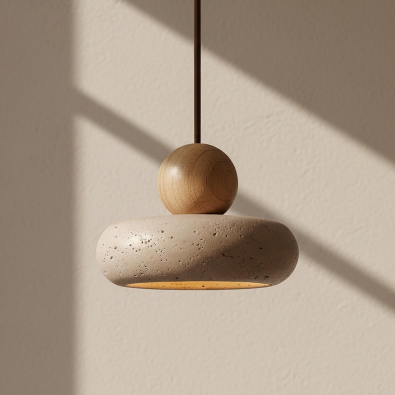 Handcrafted Travertine Lighting Fixture Natural Yellow Stone Pendant Lamp Modern Minimalist Ceiling Design Hanging Chandelier Bedroom Illumination Warm Glow Contemporary Stone Light Suspended Overhead Fixture Ambient Dining Space Elegant