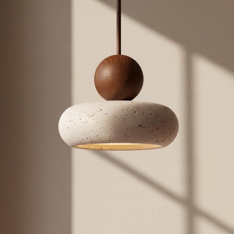 Lámpara colgante de travertino, lámpara de techo, diseño de iluminación para dormitorio, moderno y minimalista, colgante de piedra amarilla, iluminación natural, brillo cálido. Walnut Wood