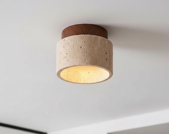 Travertine Ceiling Light Fixture Modern Flush Mount Stone Design Luxury Lighting Hallway Entrance Foyer Illumination Bedroom Decor Elegant