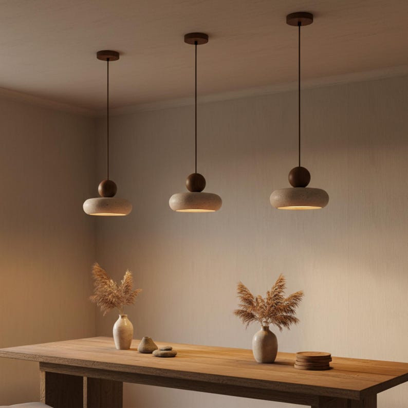 Lámpara colgante de travertino, lámpara de techo, diseño de iluminación para dormitorio, moderno y minimalista, colgante de piedra amarilla, iluminación natural, brillo cálido. imagen 7