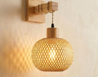 Lámpara colgante de bambú, pantalla de lámpara de techo de ratán, lámpara colgante de mimbre, lámpara de araña de comedor bohemia, farol tropical, estilo rústico de granja, suspendida, para hombres