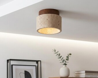 Travertine Ceiling Light Fixture Modern Flush Mount Stone Design Luxury Lighting Hallway Entrance Foyer Illumination Bedroom Contemporary