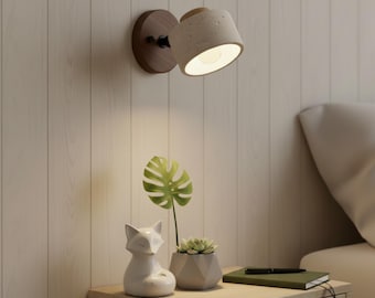Japanese Wall Lamp Stone Texture Wabi Sabi Lighting Fixture Minimalist Bedroom Reading Light Rustic Design Wooden Base Sconce Adjustable
