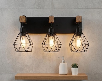 Farmhouse Bathroom Vanity Light Fixture Rustic Wood Wall Sconce Industrial Metal Bedroom Lamp Above Mirror Hallway Lighting Home Interior