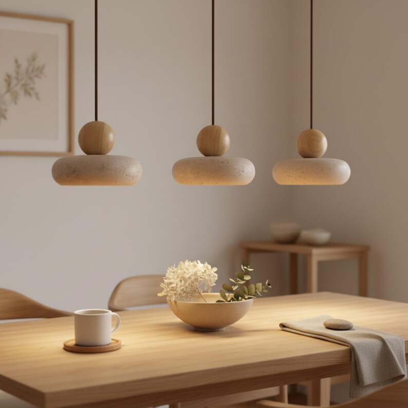 Natural Stone Pendant Light Travertine Ceiling Lamp Bedroom Lighting Design Modern Minimalist Hanging Fixture Yellow Stone Chandelier Warm Glow Contemporary Suspended Light Overhead Dining Room Illumination Living Space Ambient Lighting
