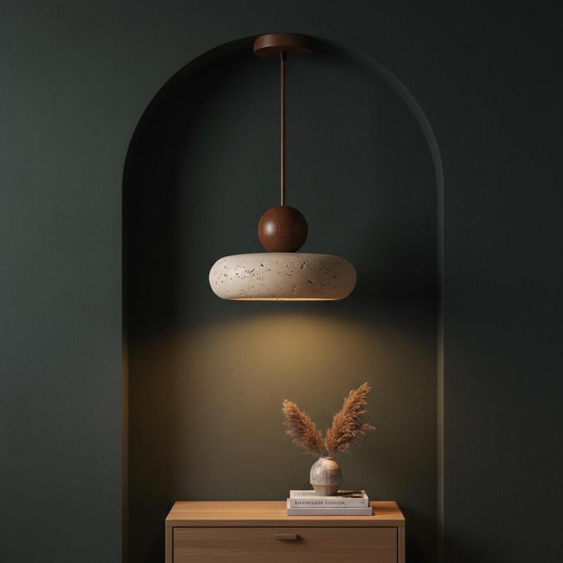 Contemporary Travertine Chandelier Pendant Light Fixture Modern Minimalist Hanging Design Natural Stone Ceiling Lamp Yellow Travertine Lighting Warm Glow Bedroom Illumination Suspended Overhead Fixture Ambient Dining Light Handcrafted Stone