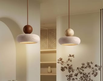 Travertine Pendant Light Fixture Ceiling Lamp Bedroom Lighting Design Modern Minimalist Hanging Yellow Stone Natural Illumination Warm Glow