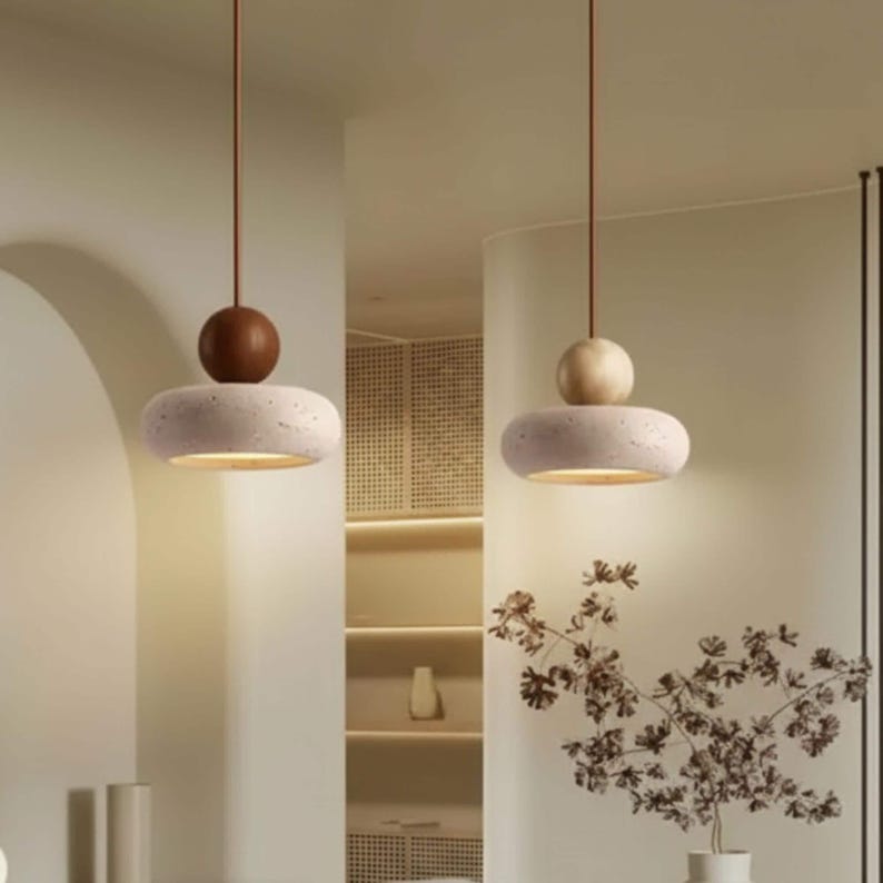 Travertine Pendant Light Fixture Natural Stone Ceiling Lamp Handcrafted Modern Minimalist Design Hanging Yellow Stone Chandelier Warm Glow Illumination Perfect Bedroom Lighting Contemporary Suspended Fixture Overhead Ambient Dining Room