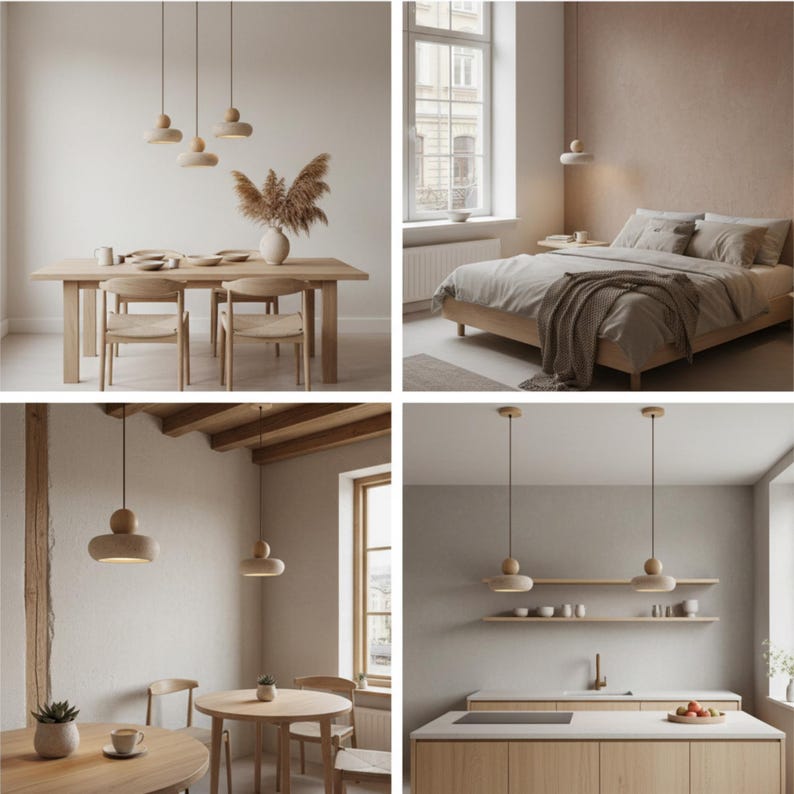 Modern Minimalist Pendant Light Travertine Stone Ceiling Fixture Warm Glow Illumination Natural Yellow Stone Lamp Hanging Bedroom Lighting Contemporary Chandelier Design Suspended Overhead Ambient Light Dining Room Fixture Handcrafted Stone