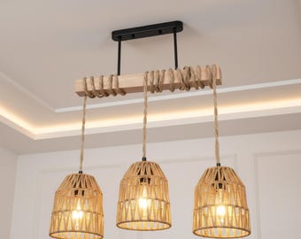 Rattan Pendant Light Boho Chandelier Fixture Woven Lamp Shade Ceiling Farmhouse Dining Room Lighting Rustic Basket Bohemian Style Modern