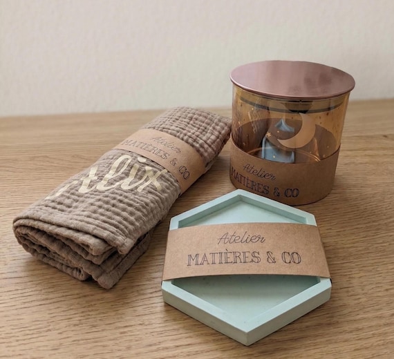 Handmade Personalized Baby Gift Set — Named swaddle, Jesmonite tray, nightlight — newborn gift