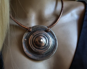 Shield necklace | copper and silver round shield, rigid hammered copper torque, rustic necklace