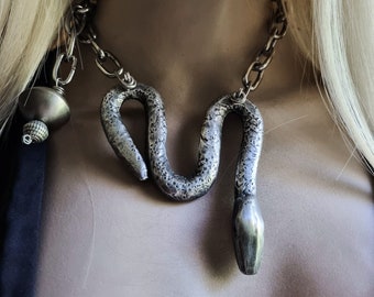 Silver snake necklace | handmade rustic serpent, silver metal, statement necklace