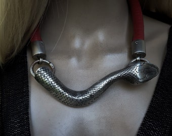 Statement snake necklace | Huge silver serpent on chunky red leather chord