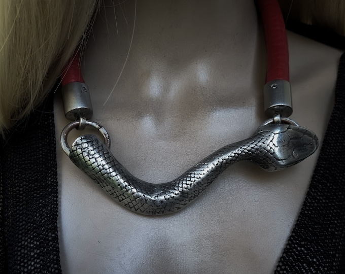 Statement snake necklace | Huge silver serpent on chunky red leather chord