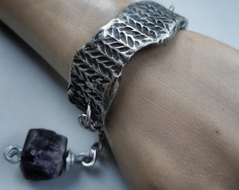 Raw amethyst cuff bracelet | roughhewn textural handmade bracelet with amethyst, brutalist jewelry