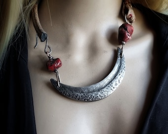 Crescent moon assemblage necklace | handmade textured silver moon, salvaged leather, red stones, statement necklace