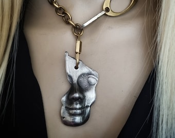 Abstract Face Necklace | Silver metal face, brass chain, contemporary jewelry