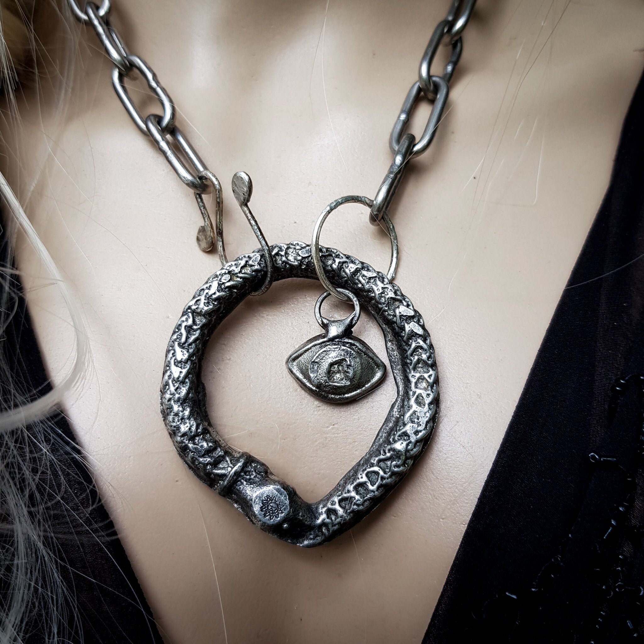 Ouroboros necklace with evil eye amulet necklace, sand cast pewter
