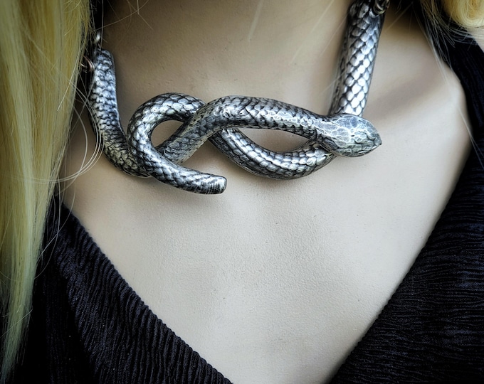Snake necklace | Large handmade silver serpent with chunky chain, statement necklace