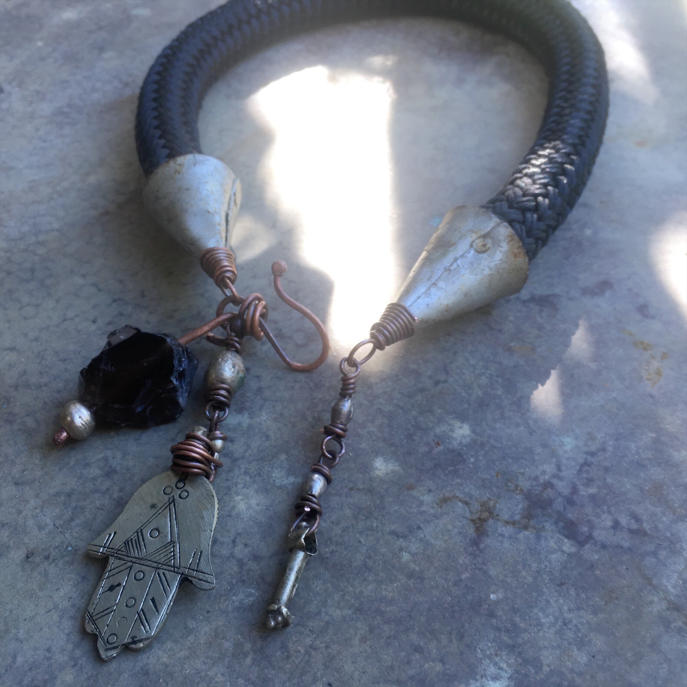 Braided rope necklace with raw black quartz and hamsa amulet rustic neckalce, salvage jewlery