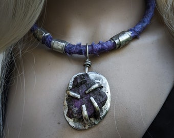 Raw purpurite and sari silk wrapped choker necklace | large rough purple stone, purple sari silk necklace, rustic boho