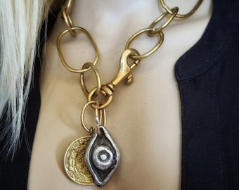 Extra-large link brass chain necklace with evil eye | mixed metal necklace, handmade chain, contemporary statement piece