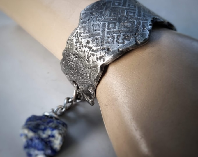 Torn | textural silver metal cuff bracelet with blue sodalite, rustic and raw.