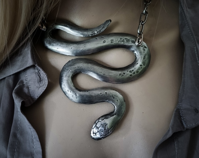 Large silver snake necklace | handmade statement bib necklace, hammered silver metal