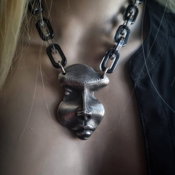 Abstract Face Necklace | handmade silver metal face, black acrylic chain, contemporary jewelry, statement jewelry