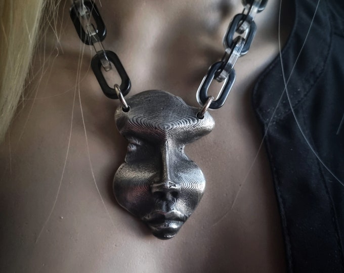 Abstract Face Necklace | handmade silver metal face, black acrylic chain, contemporary jewelry, statement jewelry