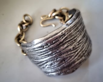 Textured Mixed Metal Half Cuff | Bark textured cuff with chunky brass chain