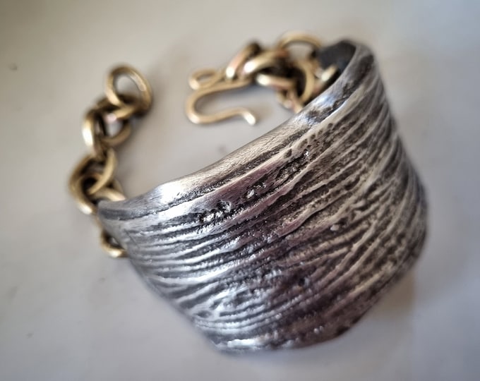 Textured Mixed Metal Half Cuff | Bark textured cuff with chunky brass chain