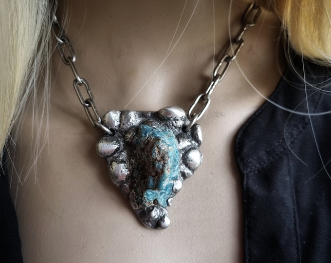 Brutalist blue apatite necklace | raw blue apatite set in sand-cast silver metal bark, statement piece