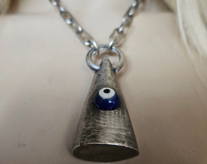Evil Eye Necklace | blue glass evil eye bead in contemporary conical silver setting, contemporary amulet jewelry