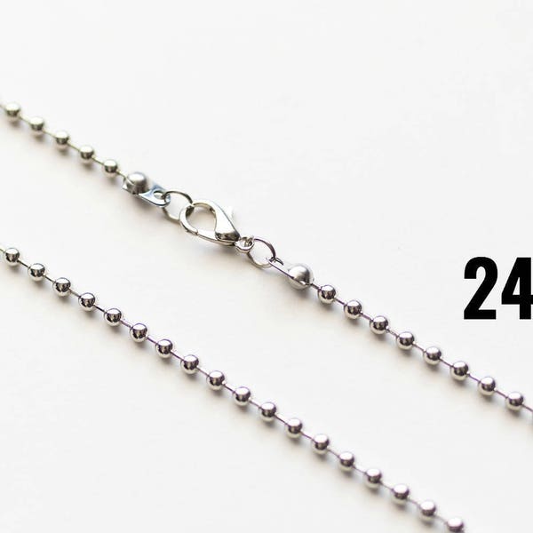 100 Silver 2.4mm Ball Chain Necklaces - BULK - Antique Silver - 24" - Ships IMMEDIATELY from California - CH767d