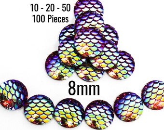 Mermaid Scale Cabochons - 8mm - Purple Rainbow - AB Color - 10 - 20 - 50 - 100 Pieces - Jewelry Making Supplies - Ships IMMEDIATELY - C844