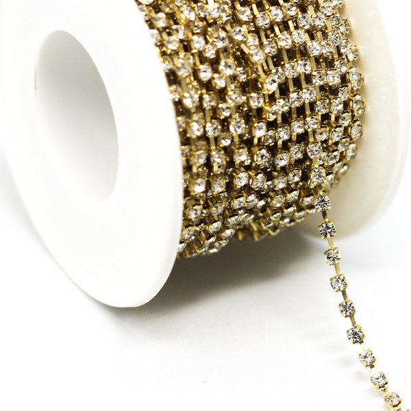 3' Rhinestone Cup Chain - 2.4mm - Crystal - Gold - 3 Feet - Ships IMMEDIATELY - Jewelry Making Supplies - CH869-03