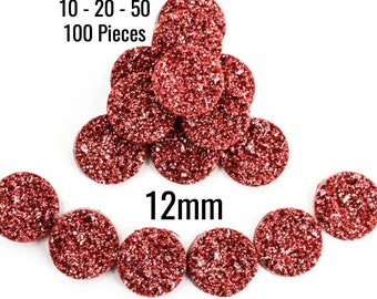 12mm Druzy Cabochons - Crimson - CHUNKY - AB Color - Flat Backs - 10 - 20 - 50 - 100 Pieces - Jewelry Making Supplies - C676